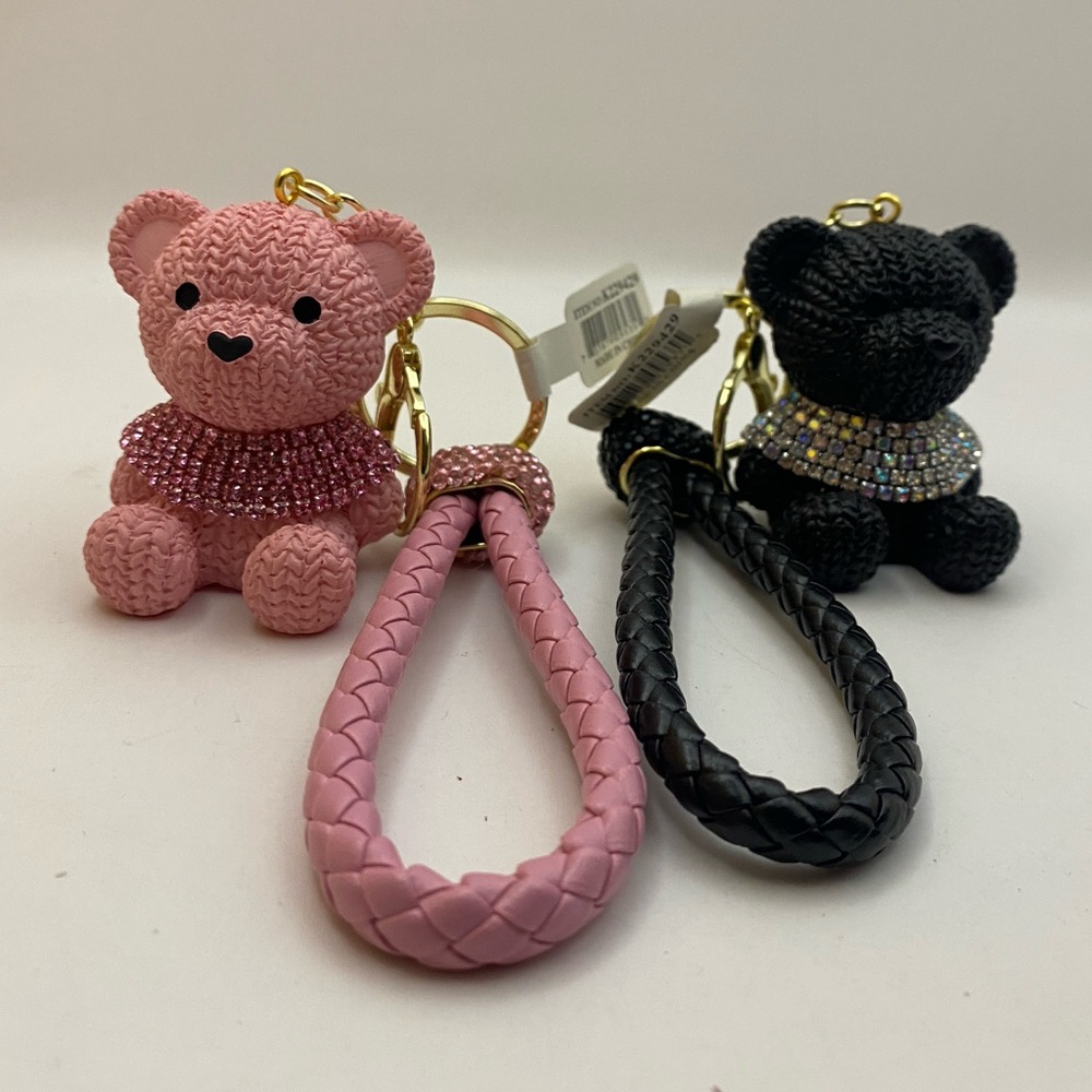 Rhinestone Teddy Bear Keychain Set Pink & Black | Bling Bag Charm Duo